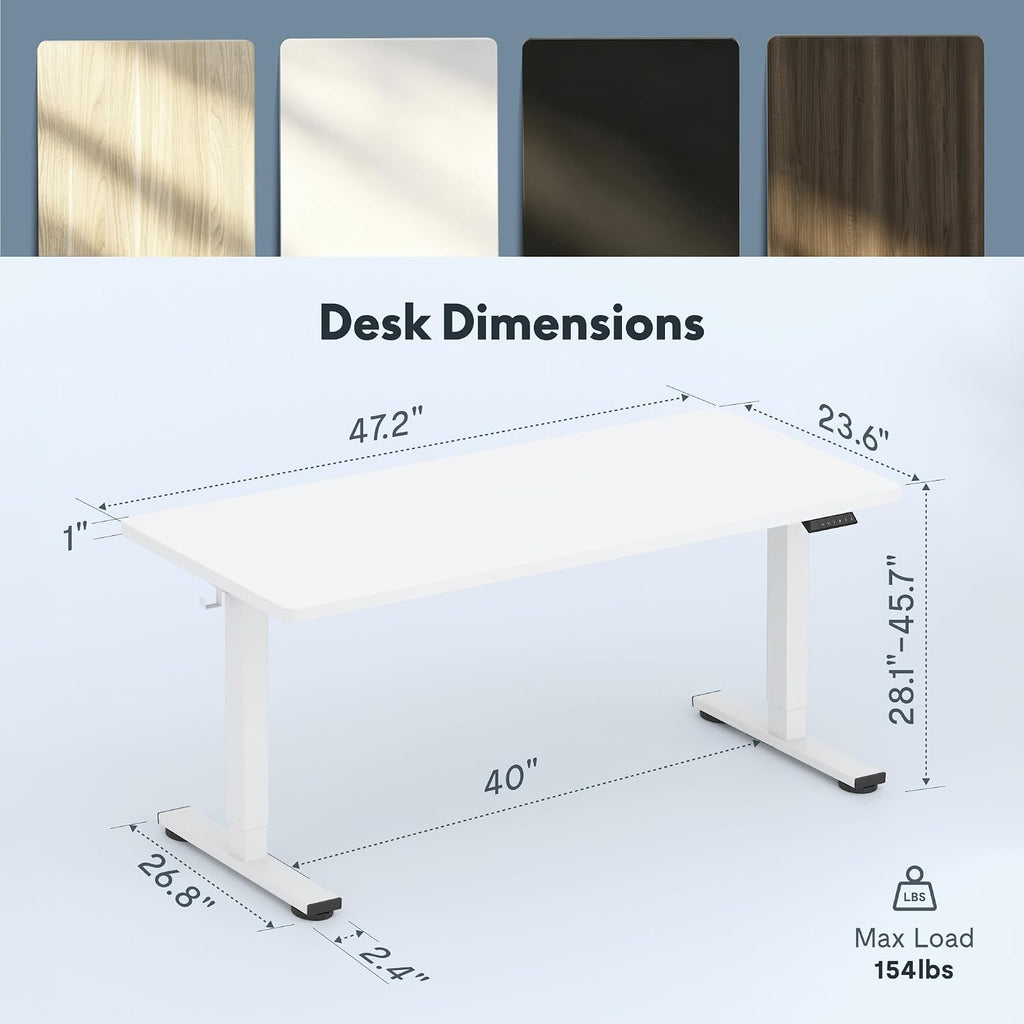 FLEXISPOT 48"X24" Electric Standing Desk, White | One-Piece Desktop, 1" Thick Top, Height Adjustable, Stable Steel Frame, Home Office & Multi-Monitor Setup