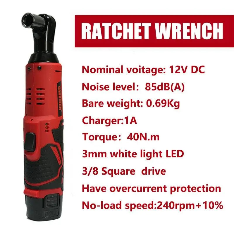 12V DC Cordless Right Angle Torque Wrench Tools Set - Professional Heavy Duty Electric Ratchet Socket Drive Wrench, 2 X 2000Mah Batteries, Built-In LED Lights, 240Rpm±10%, 0.69Kg, Over-Current Protection, 40N.M Auto Repair Power Tool, Cells