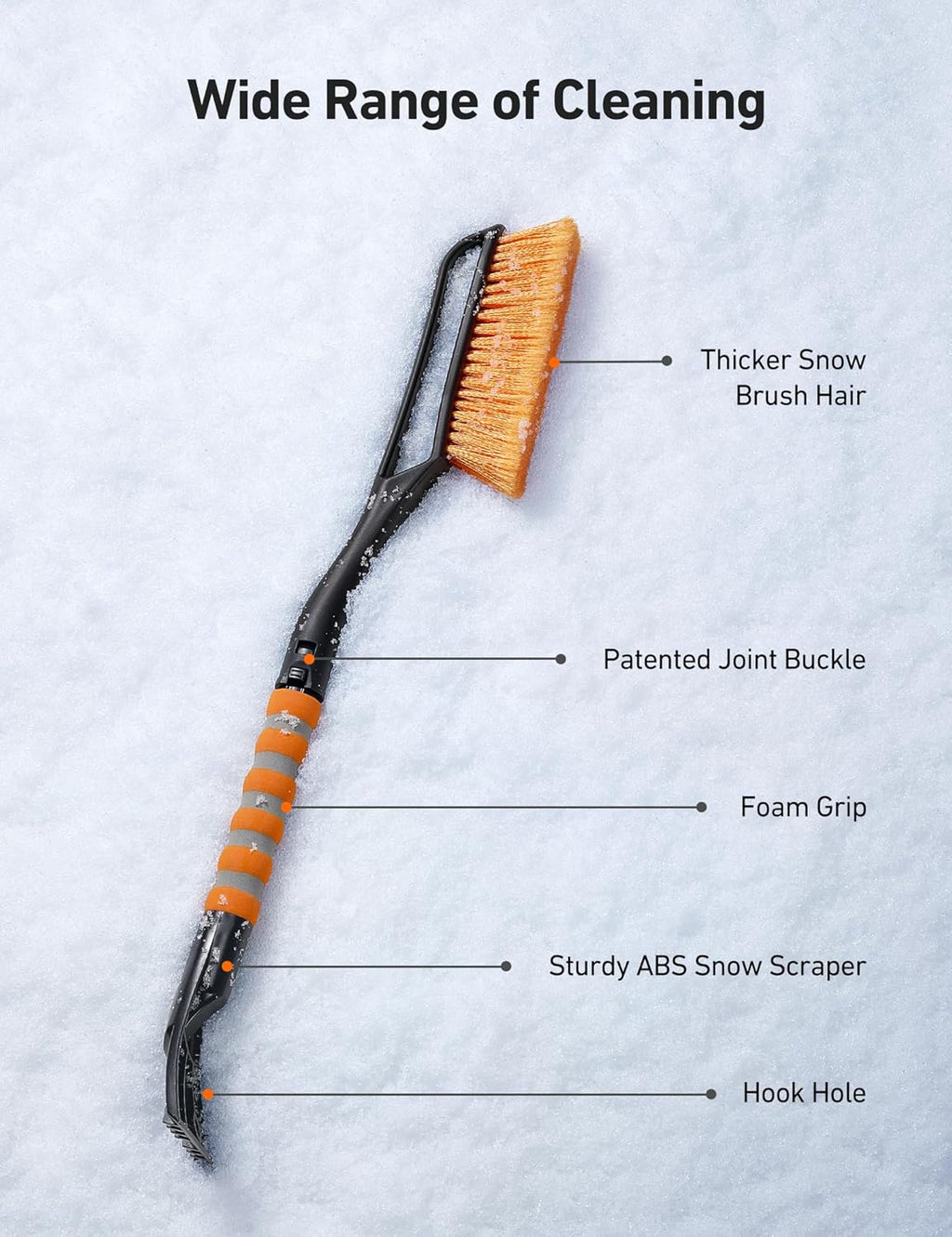 27" 2-In-1 Detachable Snow Brush & Ice Scrapers for Car Windshield | Snow Removers with No-Scratch Bristles, Ergonomic Handles & Easy Storage, Winter Accessories for Cars, Suvs, Trucks (Orange)