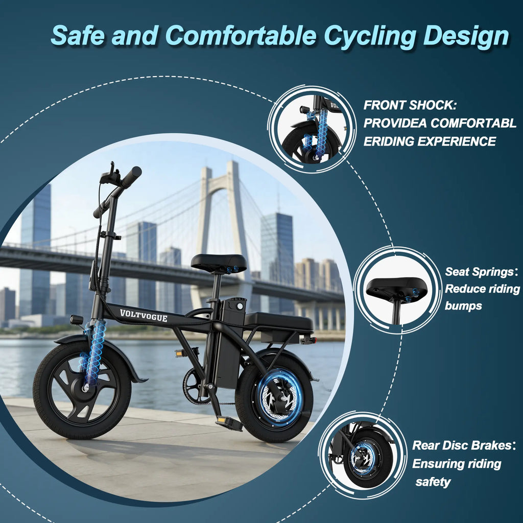 【Voltvogue-Ladped】 Electric Bike | 750W Peak Power | Top Speed 22 MPH | 14" Pneumatic Tires | 22–40 Mile Range | Dual Seat | Single Brake Lever | Height Adjustable Seat【 VT14】