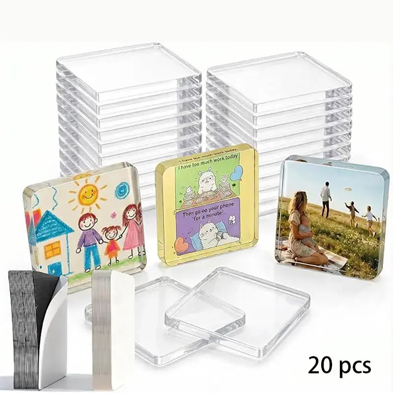 20 Pack Clear Acrylic DIY Fridge Magnets Set with Adhesive Backing - Square Magnetic Photo Frames for Crafts, Custom Photocard Holder for Kitchen, Classroom, Office（2"X2"X0.16"）