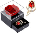 Preserved Red Rose Gift Box- Enchanted Real Roses with Ruby Brooch, Eternal Rose Flower in Jewelry Box, Handmade Rose,Forever Red Rose Gift for Her on Christmas Mother'S Day, Anniversary.