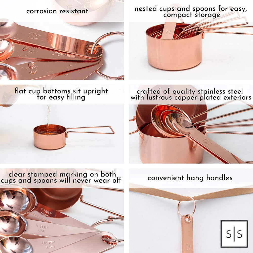 Copper Measuring Cups and Spoons Set, 8-Piece | Stainless Steel, Copper, 8-Piece Stackable Stainless Steel Metal Measuring Utensils, Copper / Rose Gold Kitchen Accessories