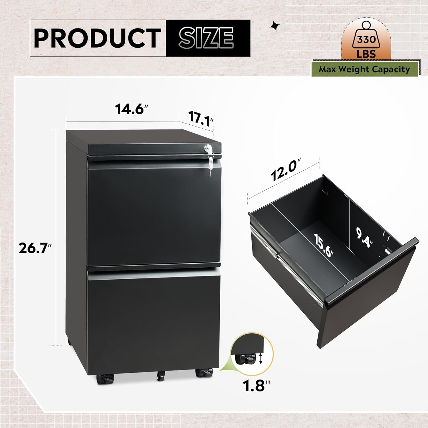 2 Drawer Metal File Cabinet, Fully Assembled Filing Cabinet | under Desk Mobile File Cabinet with Lock for Home Office, Fits Letter/Legal/A4 Size Files, Black