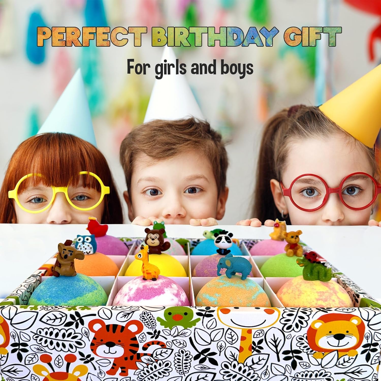 Bath Bombs for Kids with Surprise Inside, 12 Bubble Bath Fizzies with Toys | Bath Fizzies with Jungle Animal Toys, Moisturizing, Gentle & Kids Safe, Rainbow Spa Bath Fizz, Birthday Gifts for Boys Girls