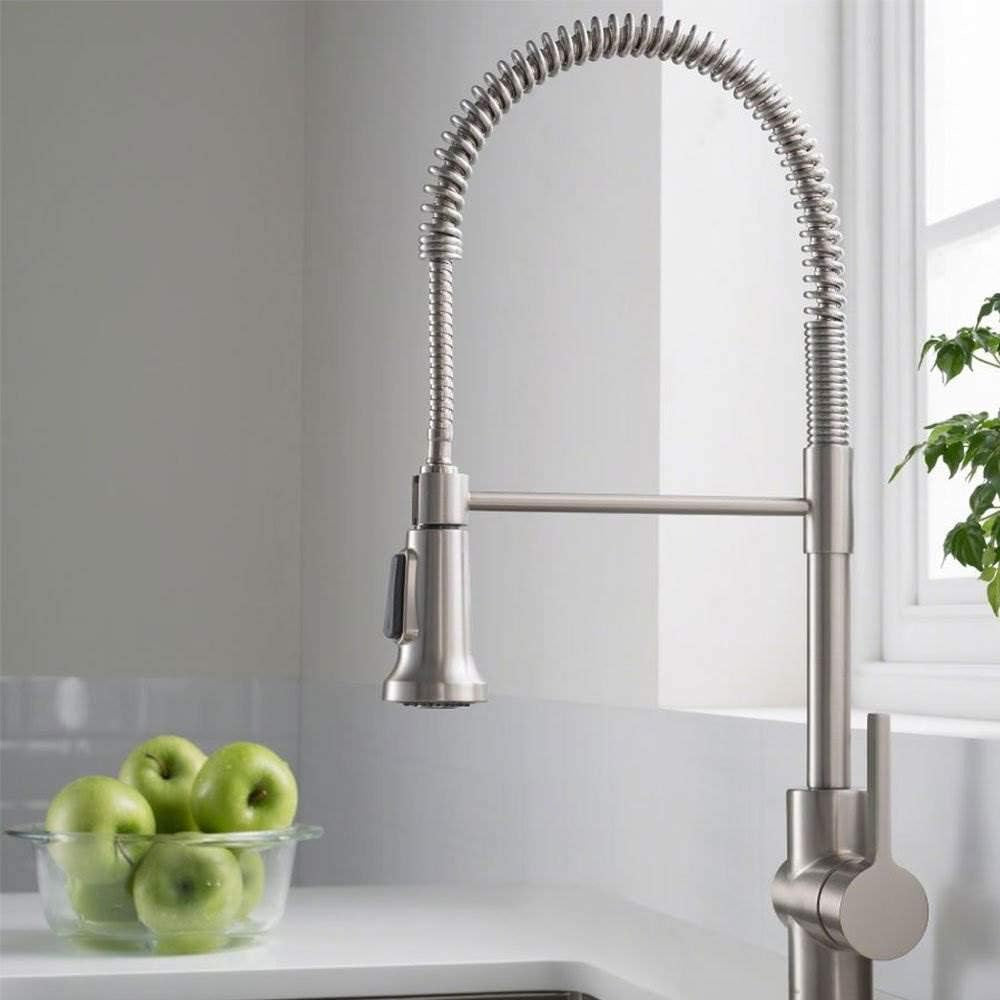 KRAUS Spot Free Stainless Steel Pre-Rinse Kitchen Faucet KPF-1690SFS | Heavy-Duty Open Coil Spring Spout, 3-Function with Pause Button, Docking Arm with Holder, Optional Deck Plate Included