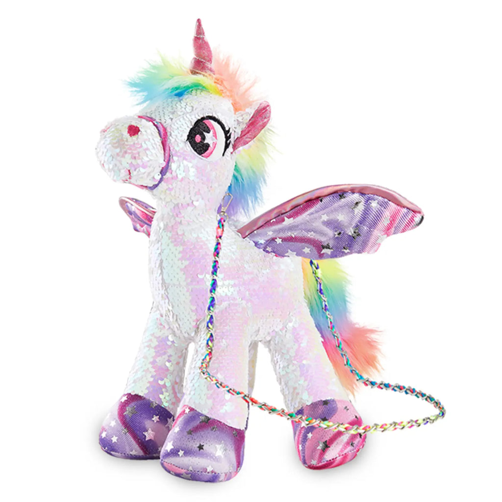 WEWILL 15" Sequin Unicorn Stuffed Animal Toy, Reversible Rainbow Sequin Plush with Hidden Pocket and Crossbody Strap, Gift for Girls