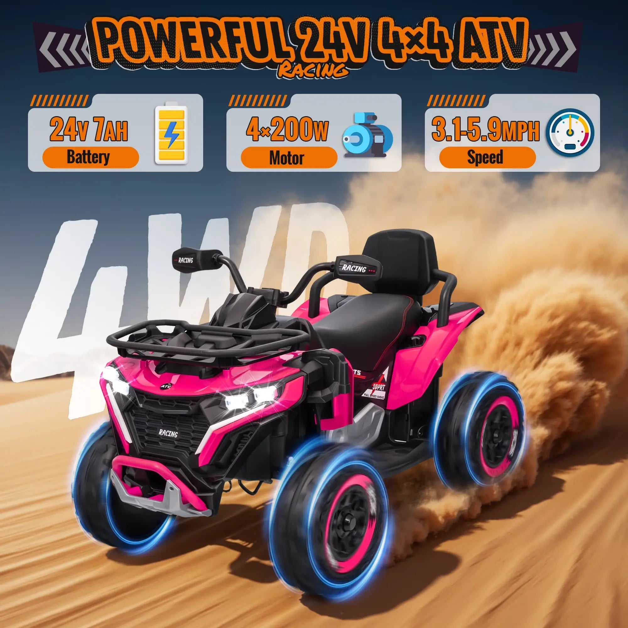 JOYRACER 24V 4WD Ride on ATV for Kids with Music, 800W with 2 XL Seater for Toddlers, EVA Tires Battery Powered Car, Remote Control, Knee Pad, Bluetooth, Toys Car for Big Kids, Perfect Gift for Boys and Girls Aged 3-8