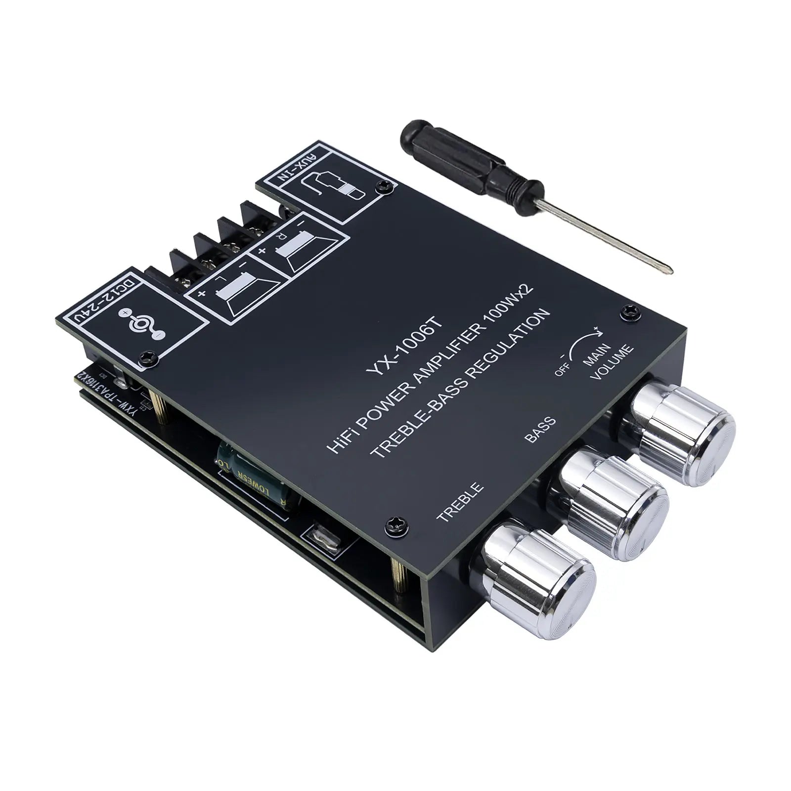 YX-1006T Bluetooth Amplifier Board 2.0CH 100W*2 Mini Audio AMP with Treble and Bass Control, BT and AUX Inputs, DC 12-24V Stereo AMP Module for Home Speakers,Miniamplifier