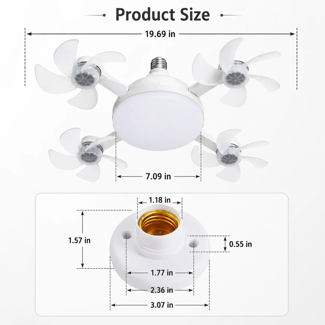 Screw in Ceiling Fan Light with Remote Control 19.7 Inch Foldable LED Socket Fan Light E26 Medium Base Ceiling Fan with 4 Fan Blades Quiet Airflow Bright Lighting Easy Installation for Bedroom Kitchen Garage Office and Dorm