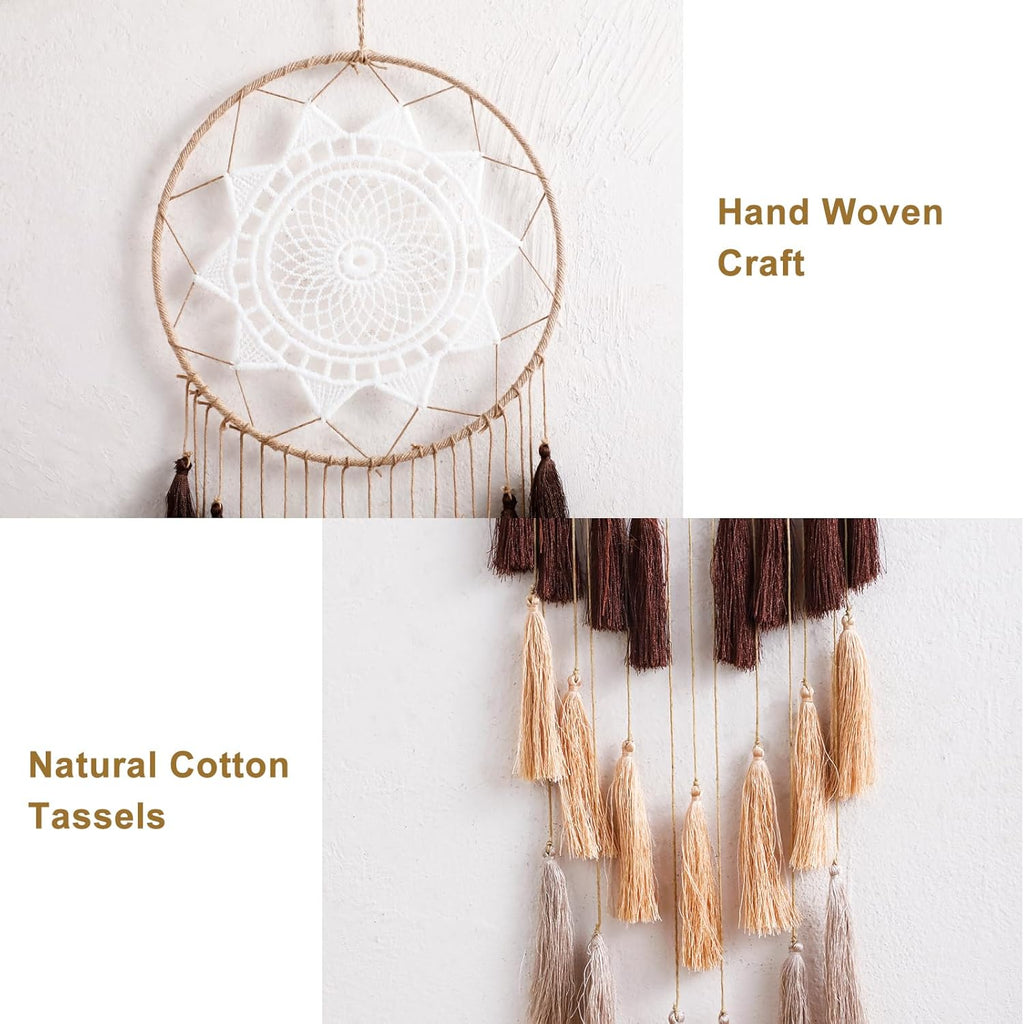 Macrame Dream Catcher Wall Hanging, Large Boho Room Decor | Handmade Tassel Feather Ornament, Natural Cotton, Modern Chic Living Room Nursery Art Decor, Blessing Gift for Women Girls