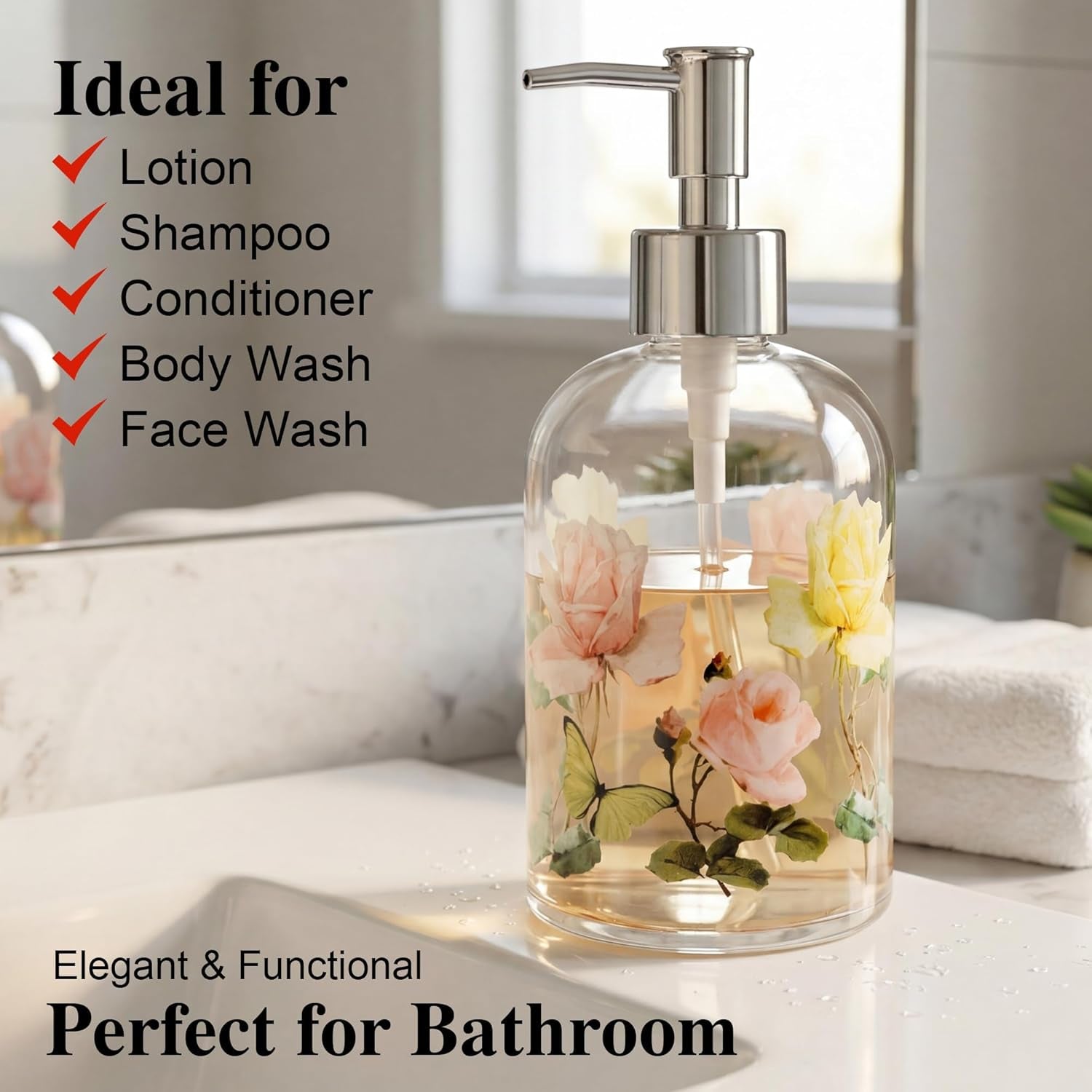 17Oz Glass Soap Dispenser with Pump, Hand Soap Dispenser | Refillable for Bathroom & Kitchen, Vintage Rose & Butterfly Floral Design, Decorative Farmhouse Countertop Decor