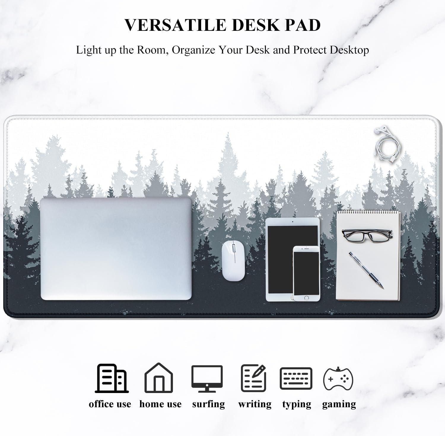 Desk Mouse Pad, Oversized Forest Desk Mat 35.4 X 15.7 Inch, Extended Long Gaming Mousepad Non-Slip Rubber Base Stitched Edges XXL Ultra Large Thin Full Desk Pad for PC Laptop Gaming Work