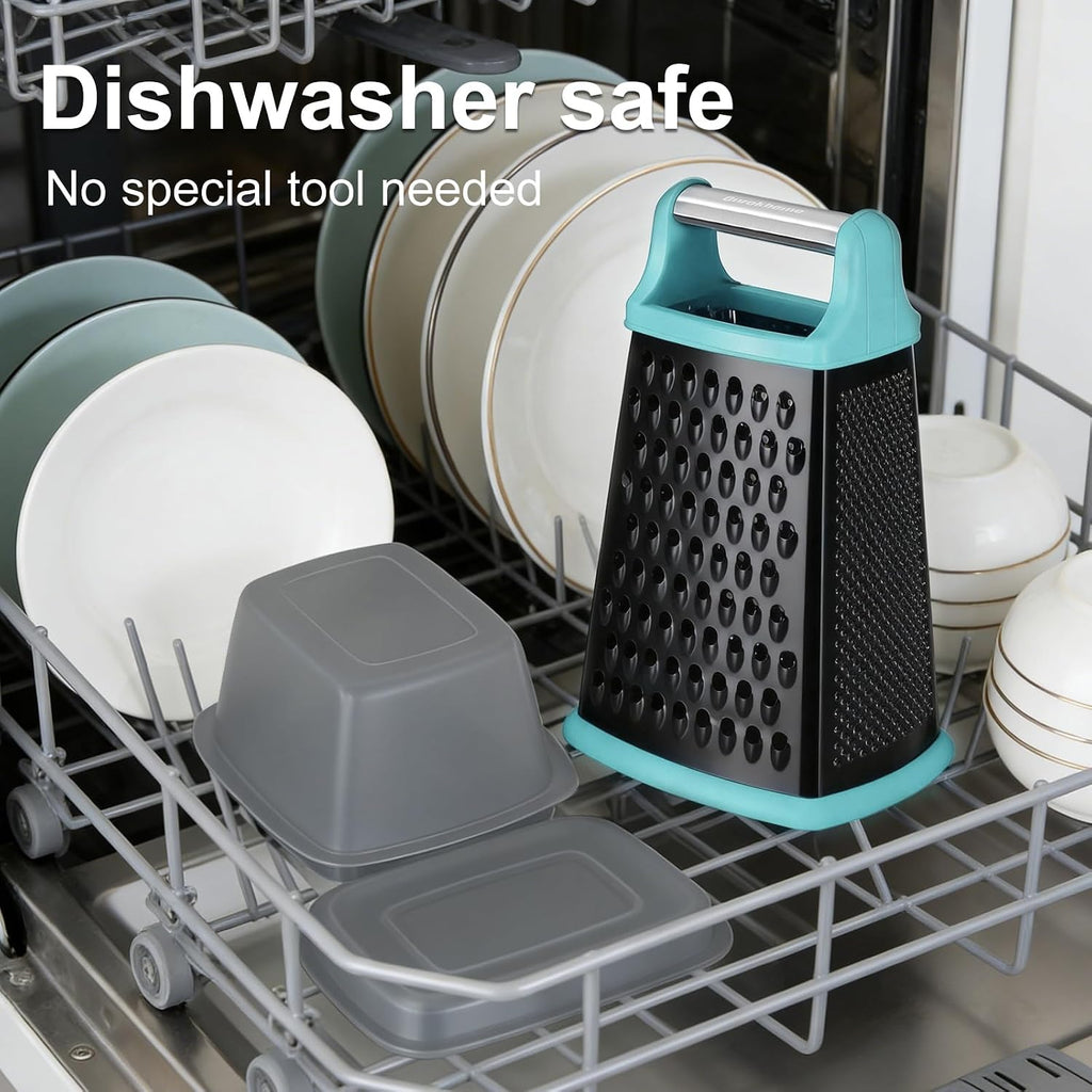Cheese Grater with Handle, Stainless Steel Box Grater, 4 Side Kitchen Vegetable Shredder Slicer Zester with Container for Parmesan, Cabbage, Ginger, Lemon, Chocolate, Coconut (Teal Black)