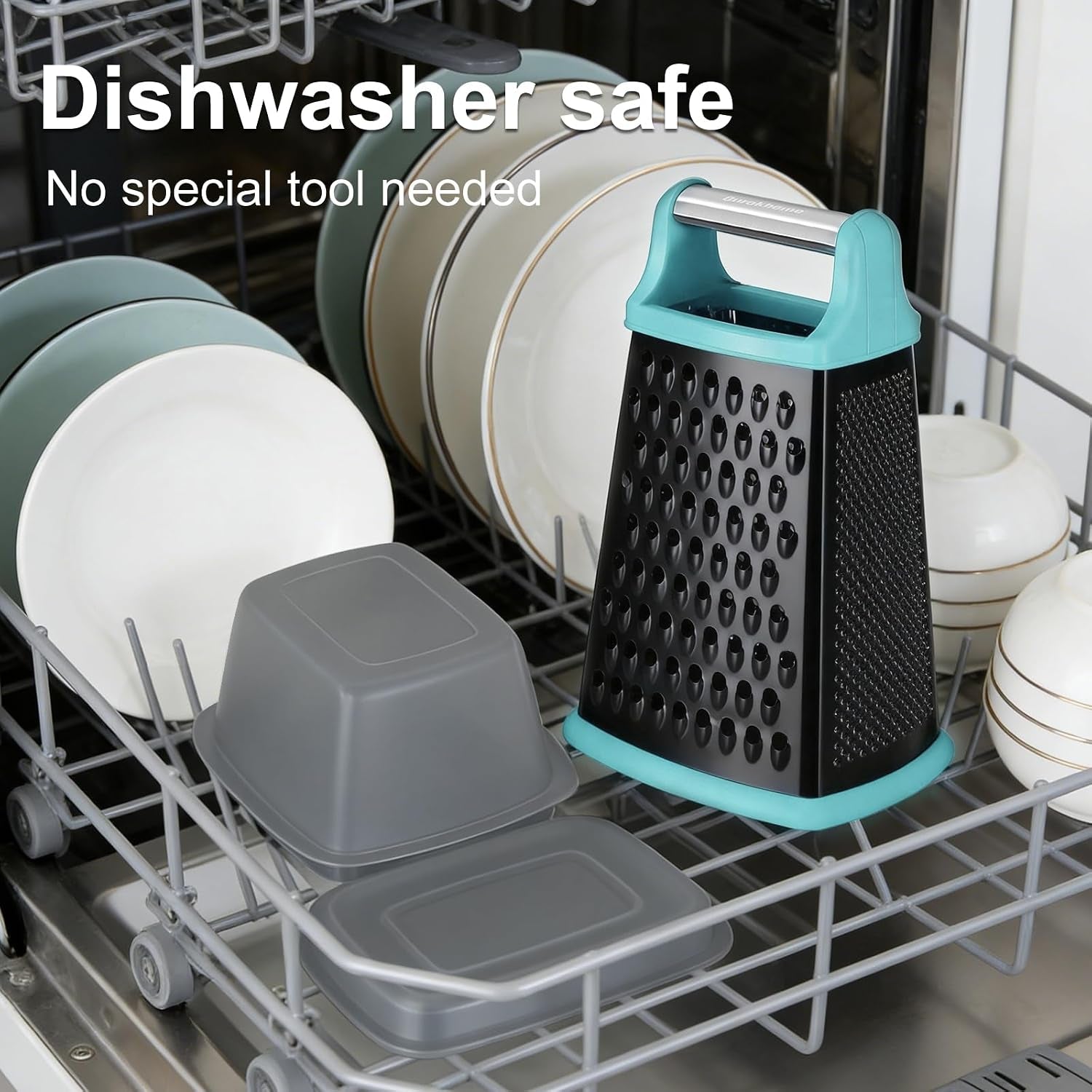 Cheese Grater with Handle, Stainless Steel Box Grater, 4 Side Kitchen Vegetable Shredder Slicer Zester with Container for Parmesan, Cabbage, Ginger, Lemon, Chocolate, Coconut (Teal Black)