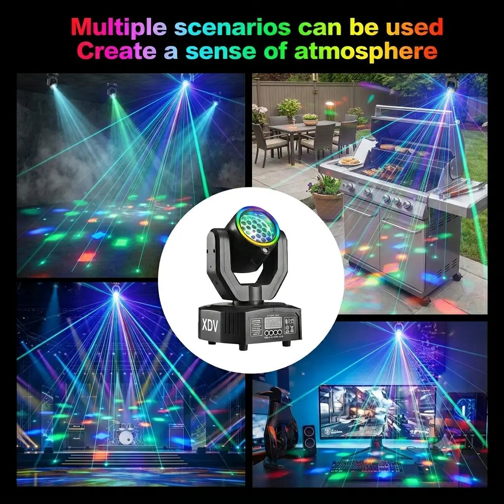 XDV 32W Mini Moving Head Light, 3-In-1 RGBW Bee Eye DJ Stage Lights with Green Laser & Halo Effect, Sound Activated DMX Control for Party Disco Wedding Ktv，Halloween Party