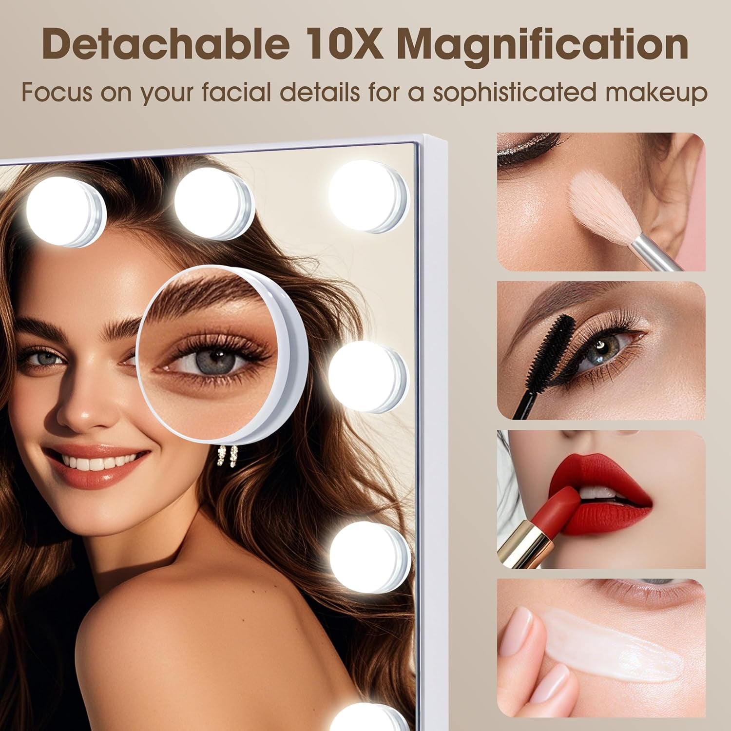 Vanity Mirror with Lights,Makeup Mirror with 17 Dimmable LED Bulbs, 3 Color Lighting Modes Detachable 10X Magnification Mirror Touch Control, 23.6X19,7 Inch, White