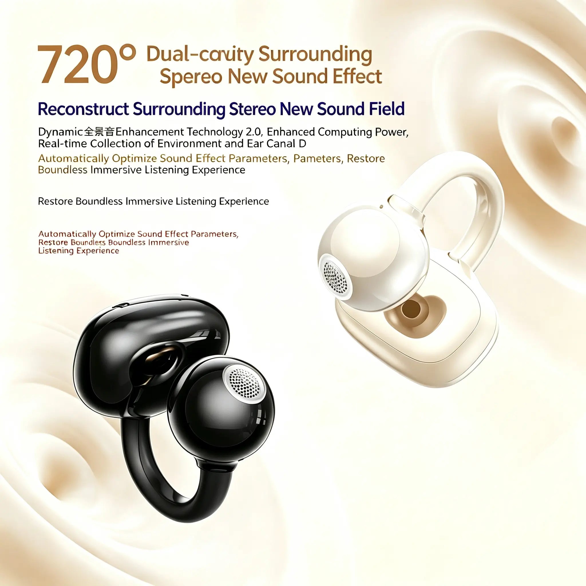 Bluetooth 6.0 Open-Ear Clip Wireless Earbuds - 720° Immersive Audio, Built-In Smart Assistance & Voice Control, Noise Cancellation, Lightweight All-Day Comfort, Wireless Invisibly Wearable Open-Ear Headphones for Music Listening, Sports, Listening to Musi
