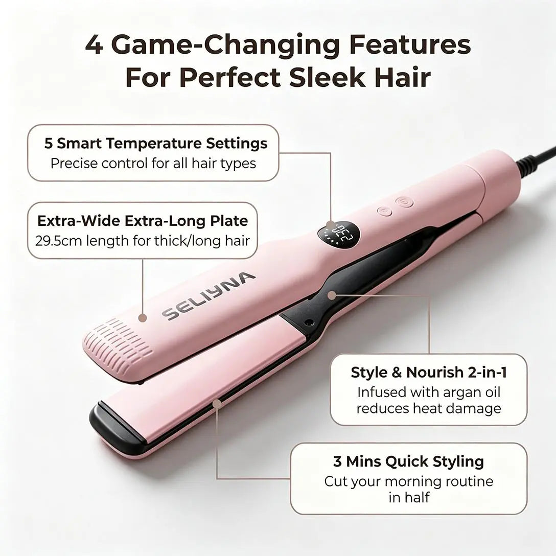 SELIYNA Ionic Hair Straightener, 2-In-1 Wide Plate Flat Iron for Straightening and Curling, Anti-Frizz Styling Tool for All Hair Types, LED Display, Dual Voltage