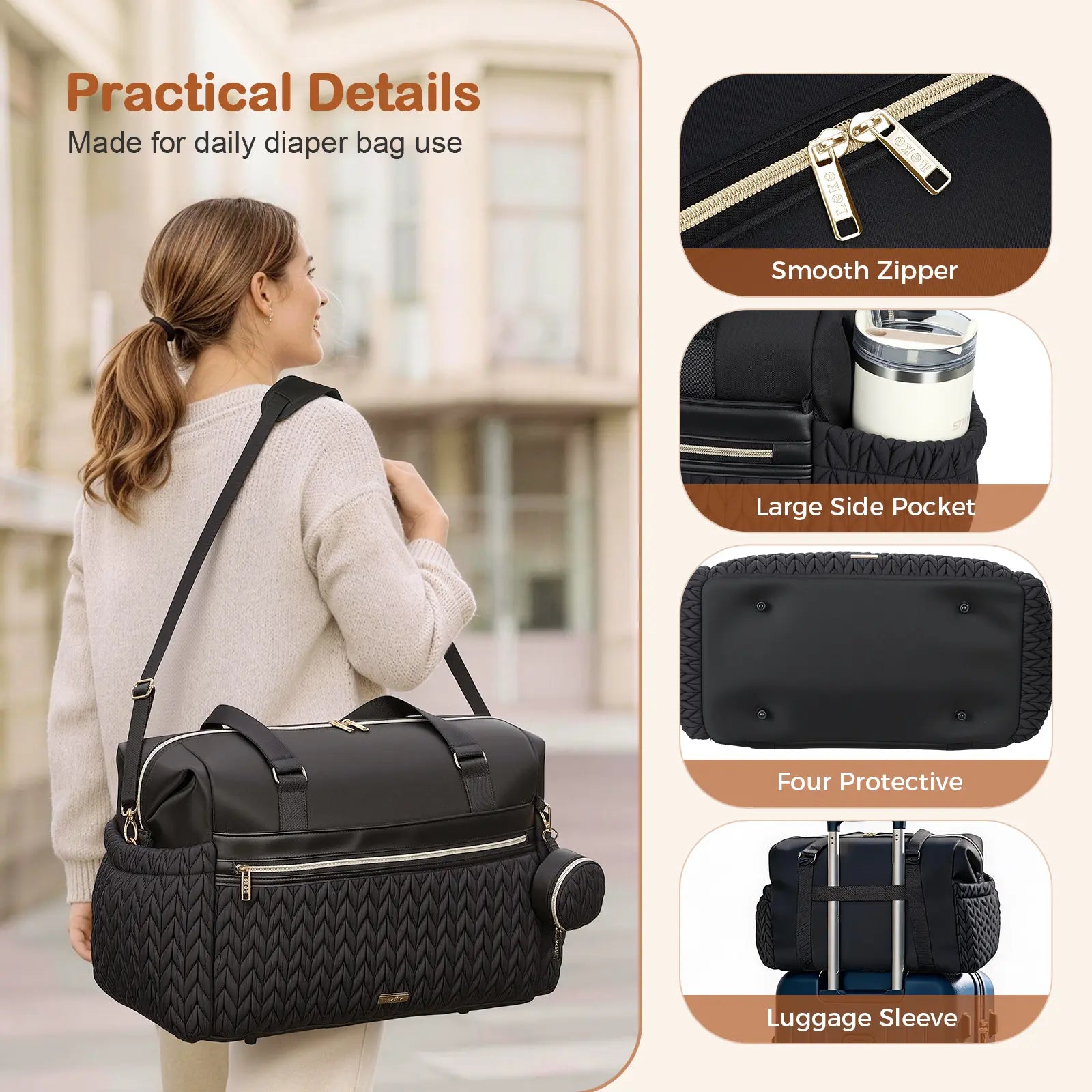 Lekesky Diaper Bag Tote for Mom, 37L Large Diaper Tote Bag, Baby Hospital Bag for Women Labor Delivery, Travel Diaper Bag with Changing Pad, Pacifier Case, Insulated Pockets, Luggage Sleeve