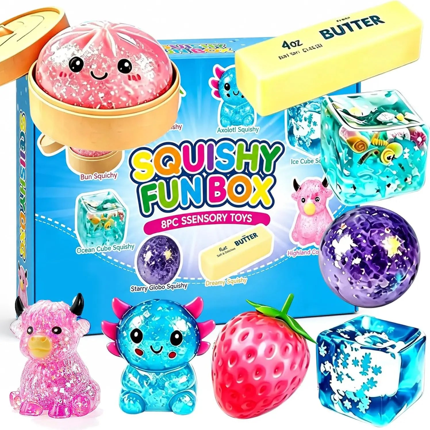 8 Pcs Dumpling Mystery Box Stress Relief Toys Set – Soft Squeezable Bun Pinch Toys for Adults Kids, Cute Desk Toy & Novelty Birthday Gifts