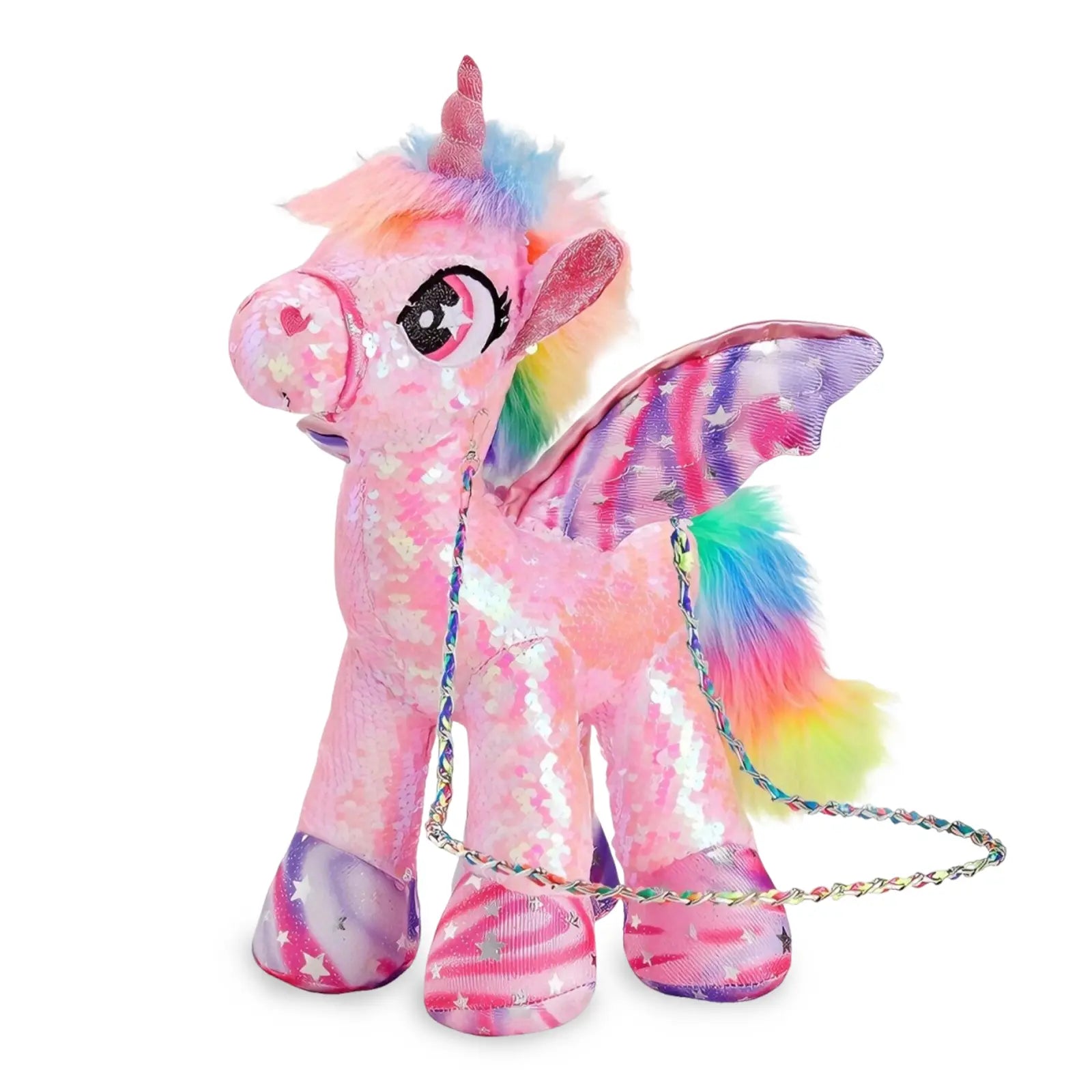 WEWILL 15" Sequin Unicorn Stuffed Animal Toy, Reversible Rainbow Sequin Plush with Hidden Pocket and Crossbody Strap, Gift for Girls