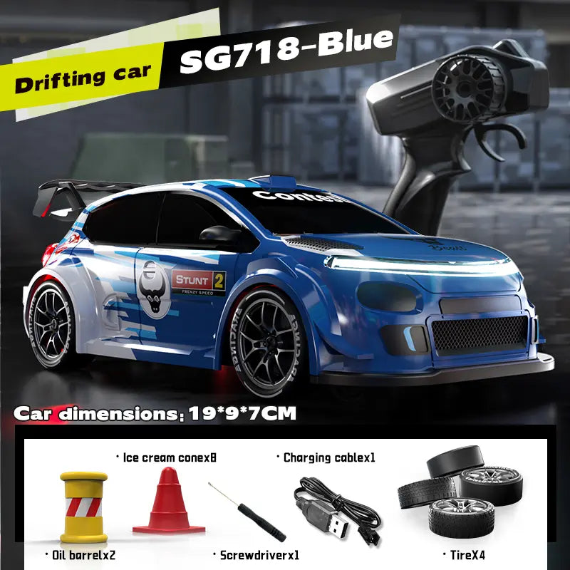 SG716 Unisex 2.4Ghz 4WD RC Controlled Drift Car Toy - Adjustable Speed, LED Lights, Extra Tires, Obstacle Accessories, Built-In Batteries, Nitrosamine Free - RC Hobby Gift for 3-4 Years Old Kids