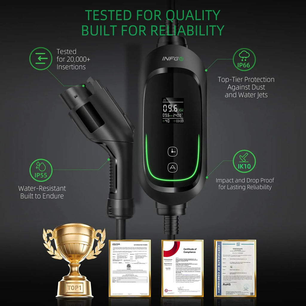 Portable Level 2 EV Charger - 40Amp Car Gadgets, 240V 9.6Kw High Efficiency Heavy Duty Fastcharging Vehicle Battery Charger, Adjustable Current, Timing Delay, NEMA 14-50 Plug, 25FT Cable for J1772 Bevs/Phevs
