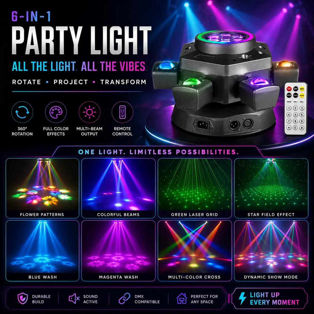[NEW] XDV 6-Eye 6-Arm 150W RGBW Moving Head Party Light - Sound-Active DJ Light with Red, Green Laser, White, Gold Strobe, Remote Control for Home Parties, Birthdays, Holidays,Halloween Day