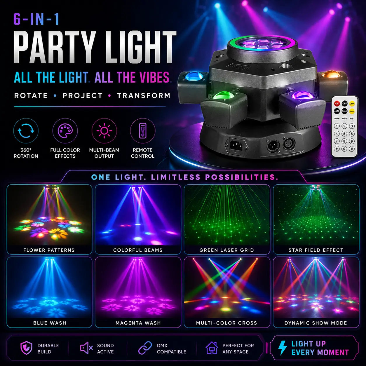 [NEW] XDV 6-Eye 6-Arm 150W RGBW Moving Head Party Light - Sound-Active DJ Light with Red, Green Laser, White, Gold Strobe, Remote Control for Home Parties, Birthdays, Holidays,Halloween Day