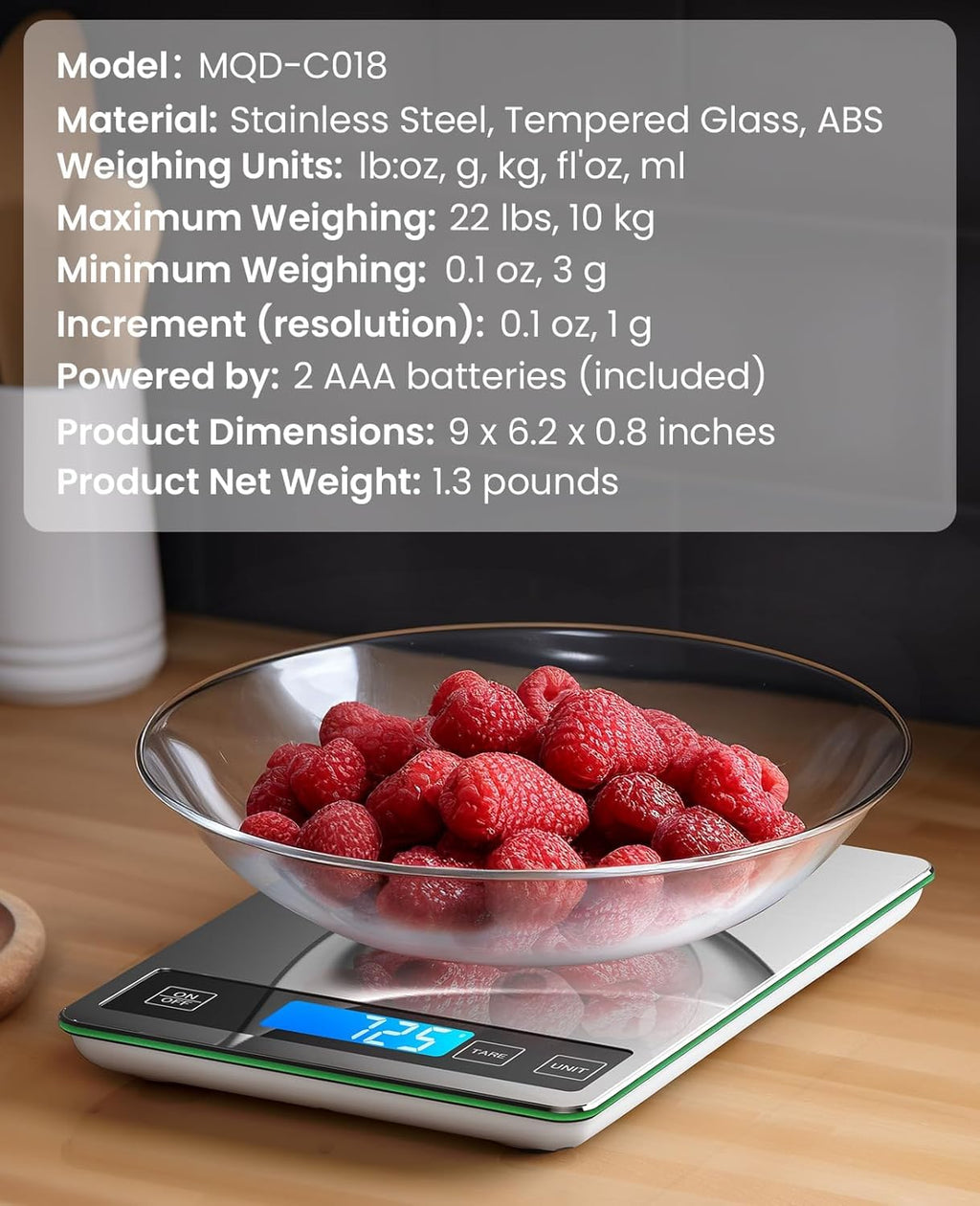 Food Scale 22Lb Digital Kitchen Scale for Cooking Baking | 1G/0.1Oz Precise Graduation, Backlit LCD, Tare Function, Weight Grams and Oz, Easy Clean Stainless Steel and Tempered Glass