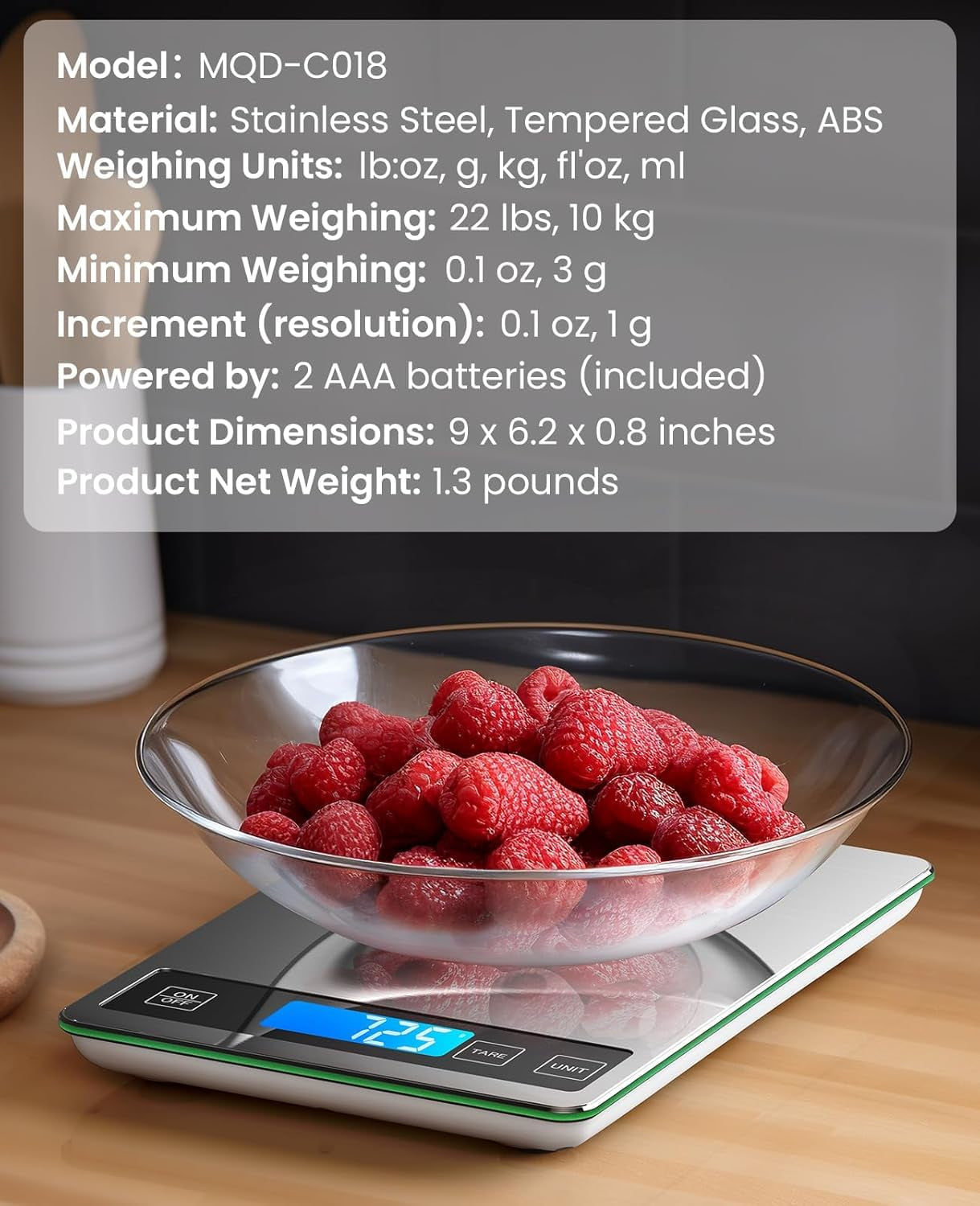 Food Scale 22Lb Digital Kitchen Scale for Cooking Baking | 1G/0.1Oz Precise Graduation, Backlit LCD, Tare Function, Weight Grams and Oz, Easy Clean Stainless Steel and Tempered Glass