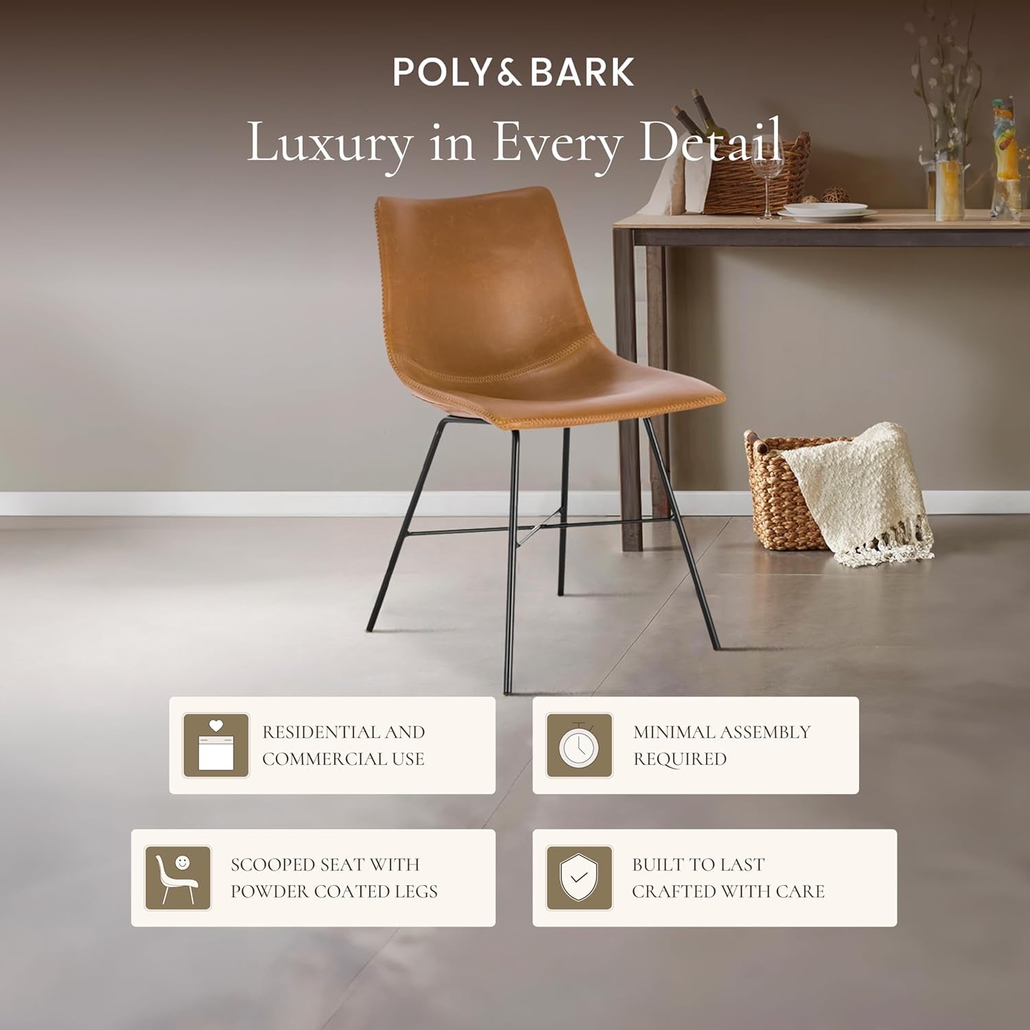 POLY & BARK Paxton Leather Dining Chairs – Set of 2 Modern Dining Room Chairs with Low Back – Faux Leather Upholstery and Matte Black Steel Base – Comfortable Seating for Stylish Interiors – Tan
