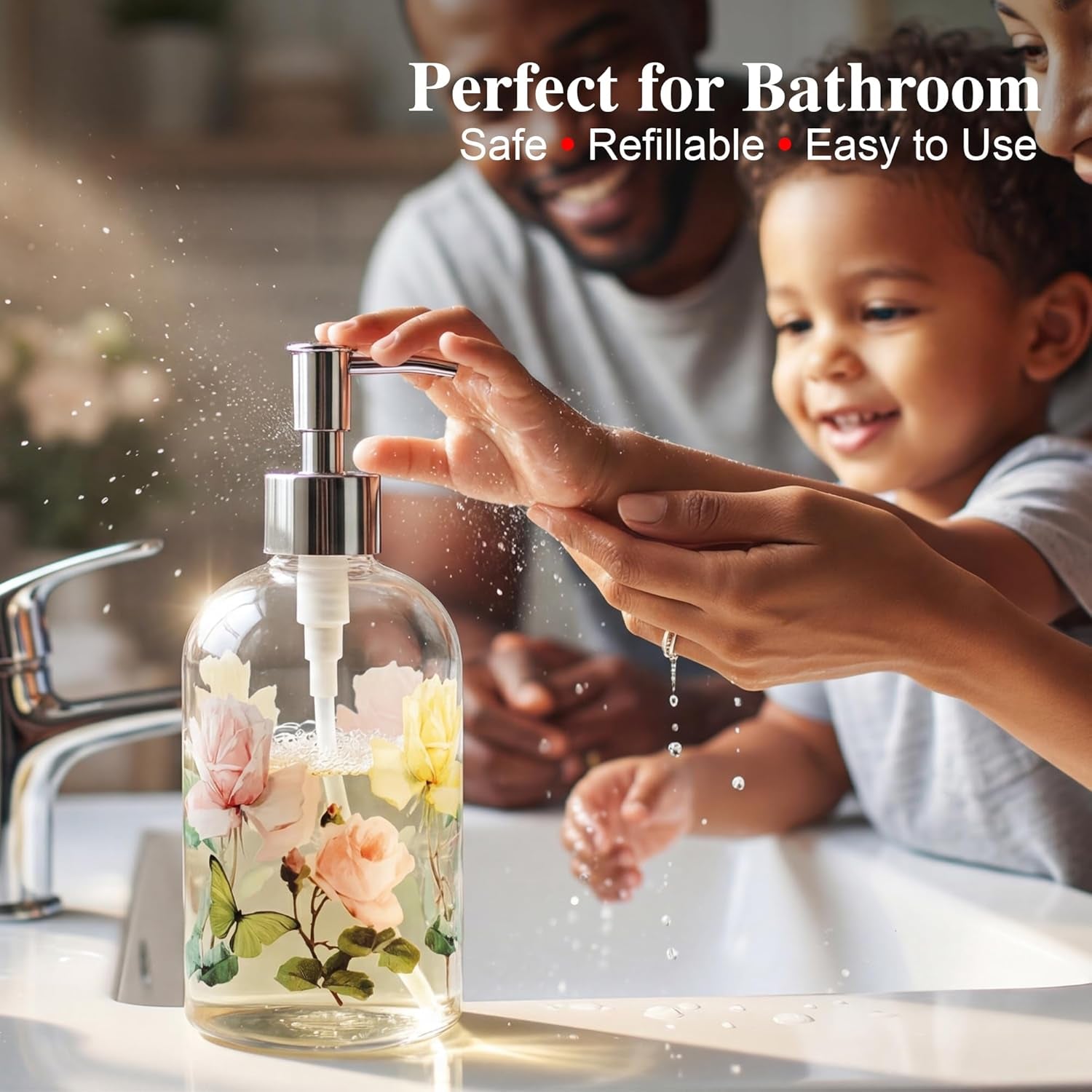 17Oz Glass Soap Dispenser with Pump, Hand Soap Dispenser | Refillable for Bathroom & Kitchen, Vintage Rose & Butterfly Floral Design, Decorative Farmhouse Countertop Decor