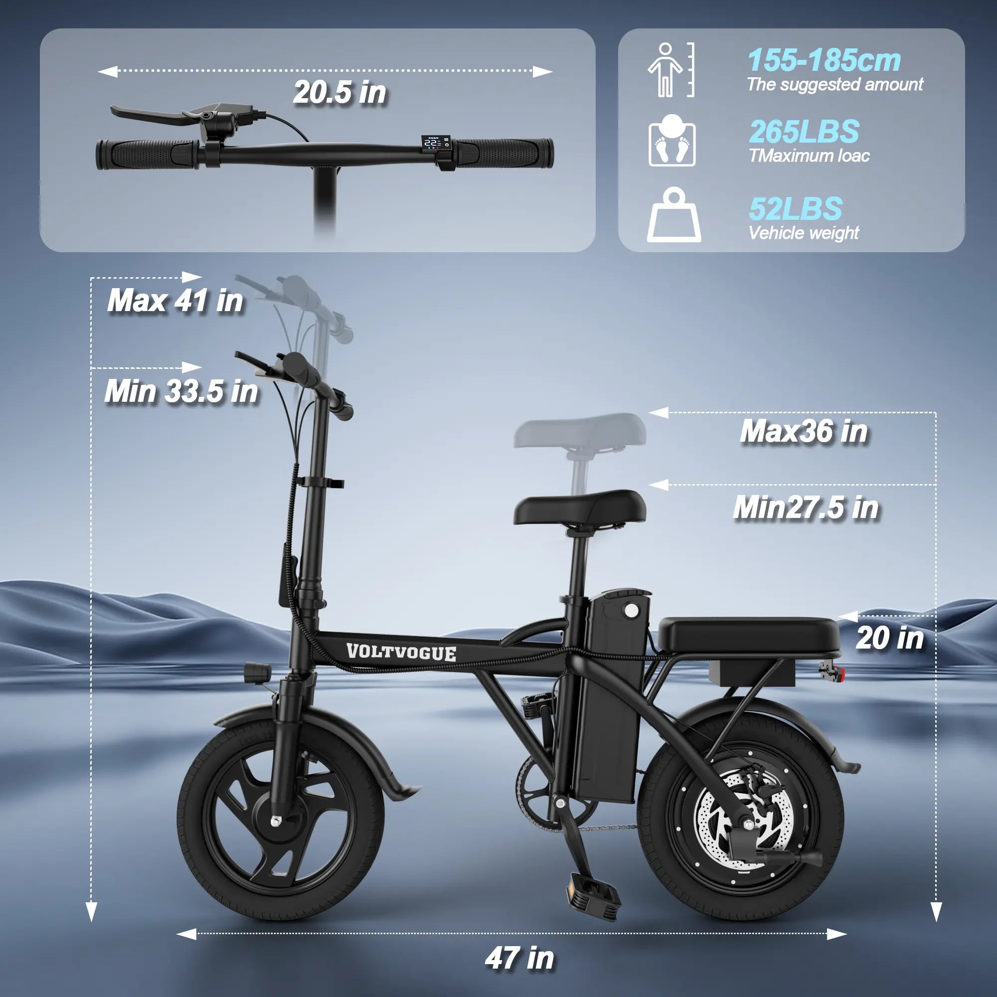 【Voltvogue-Ladped】 Electric Bike | 750W Peak Power | Top Speed 22 MPH | 14" Pneumatic Tires | 22–40 Mile Range | Dual Seat | Single Brake Lever | Height Adjustable Seat【 VT14】