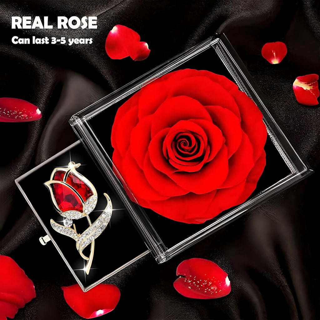 Preserved Red Rose Gift Box- Enchanted Real Roses with Ruby Brooch, Eternal Rose Flower in Jewelry Box, Handmade Rose,Forever Red Rose Gift for Her on Christmas Mother'S Day, Anniversary.