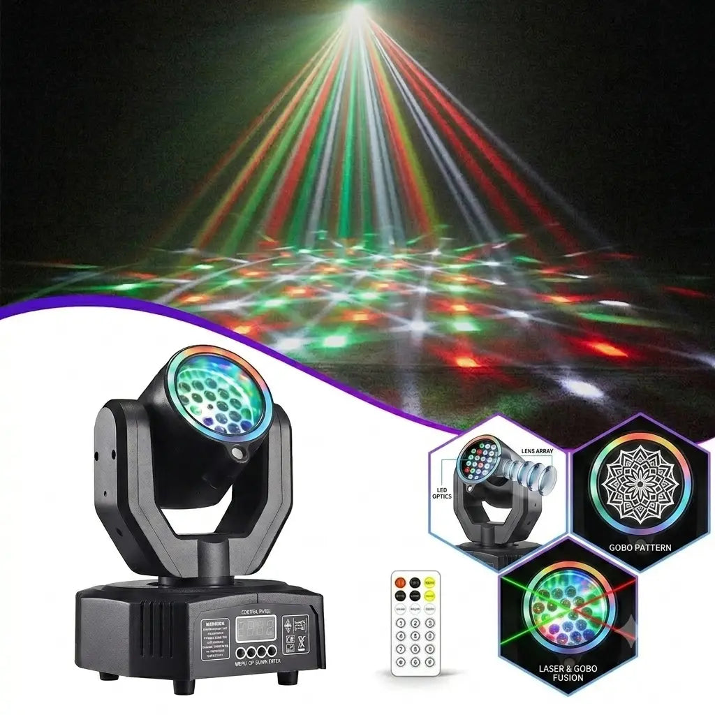 XDV 32W Mini Moving Head Light, 3-In-1 RGBW Bee Eye DJ Stage Lights with Green Laser & Halo Effect, Sound Activated DMX Control for Party Disco Wedding Ktv，Halloween Party