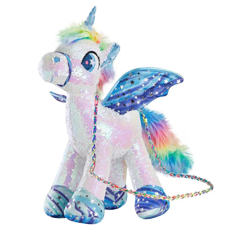 WEWILL 15" Sequin Unicorn Stuffed Animal Toy, Reversible Rainbow Sequin Plush with Hidden Pocket and Crossbody Strap, Gift for Girls