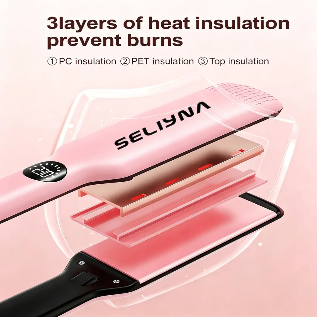 SELIYNA Ionic Hair Straightener, 2-In-1 Wide Plate Flat Iron for Straightening and Curling, Anti-Frizz Styling Tool for All Hair Types, LED Display, Dual Voltage