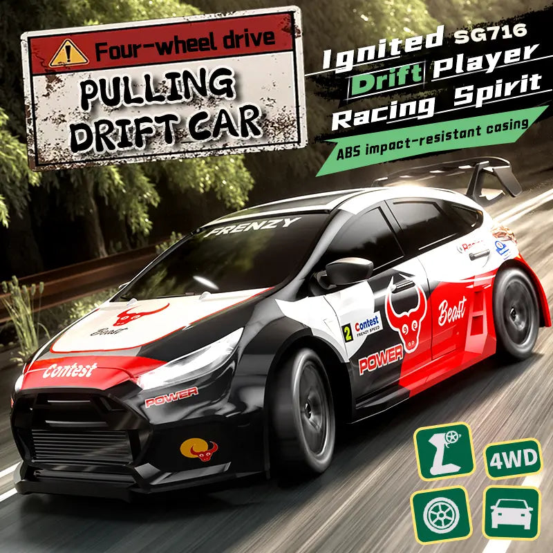 SG716 Unisex 2.4Ghz 4WD RC Controlled Drift Car Toy - Adjustable Speed, LED Lights, Extra Tires, Obstacle Accessories, Built-In Batteries, Nitrosamine Free - RC Hobby Gift for 3-4 Years Old Kids