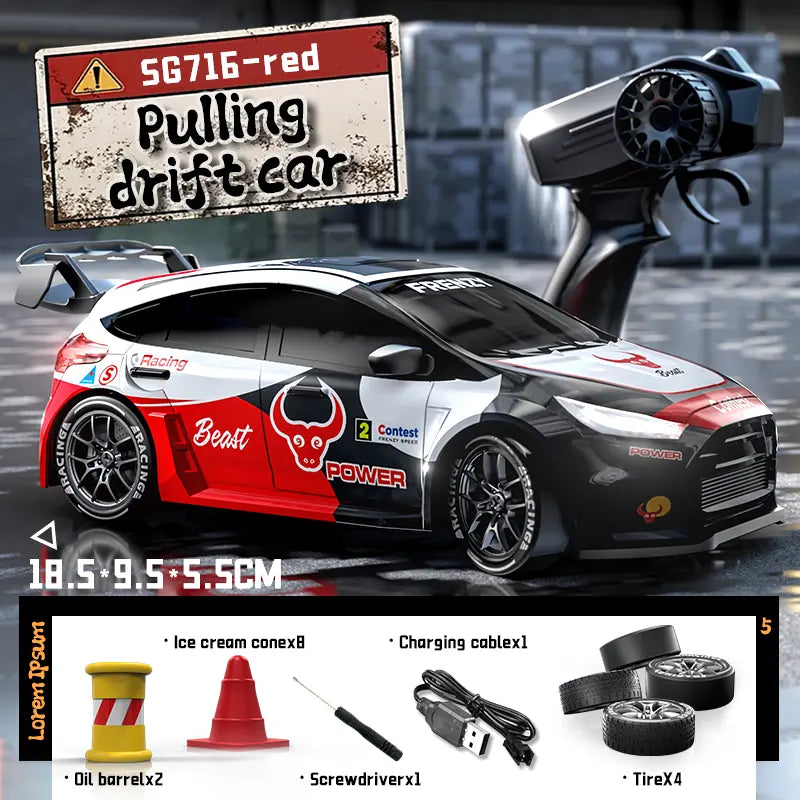 SG716 Unisex 2.4Ghz 4WD RC Controlled Drift Car Toy - Adjustable Speed, LED Lights, Extra Tires, Obstacle Accessories, Built-In Batteries, Nitrosamine Free - RC Hobby Gift for 3-4 Years Old Kids