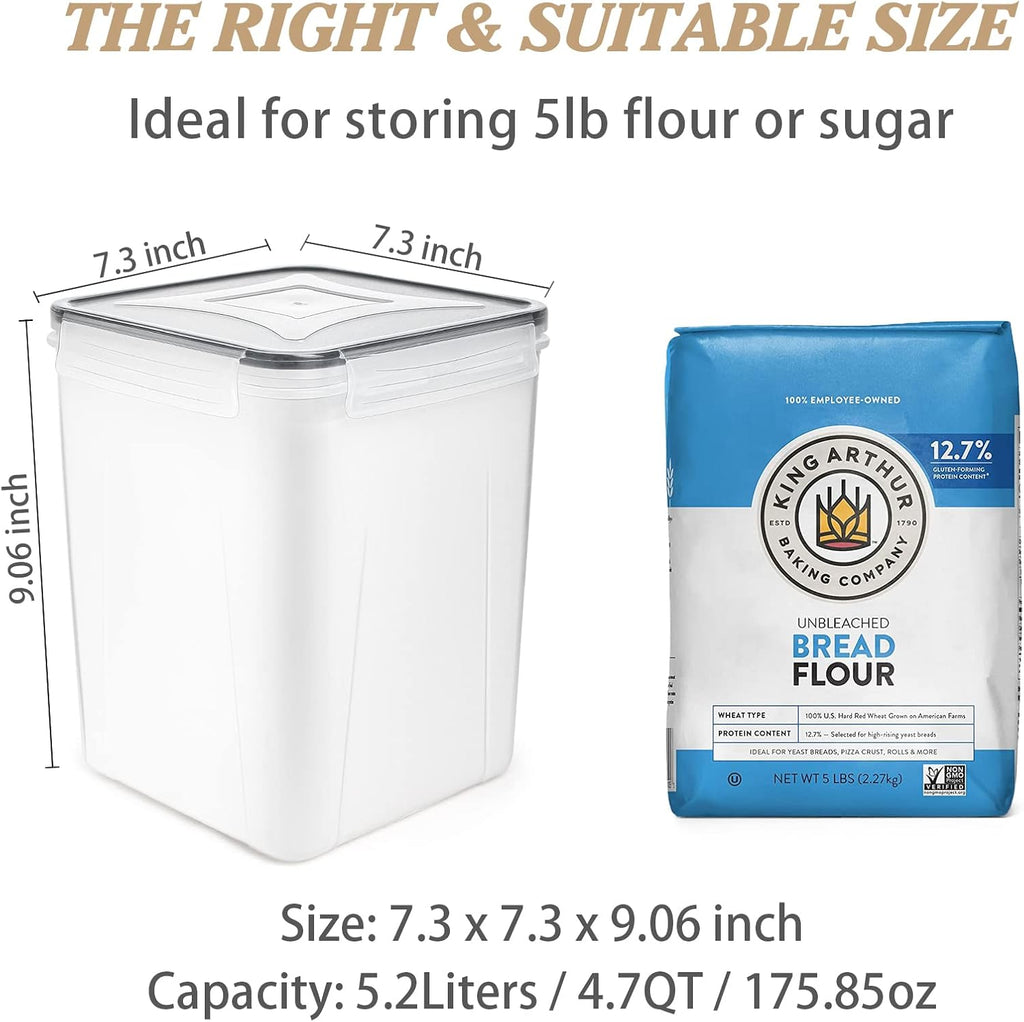 Flour Storage Containers 5.2L, 4 PCS Food Storage Containers, Black | for Bulk Flour and Sugar Storage, Airtight Seal, BPA Free, Food Grade Material, 20 Labels Included