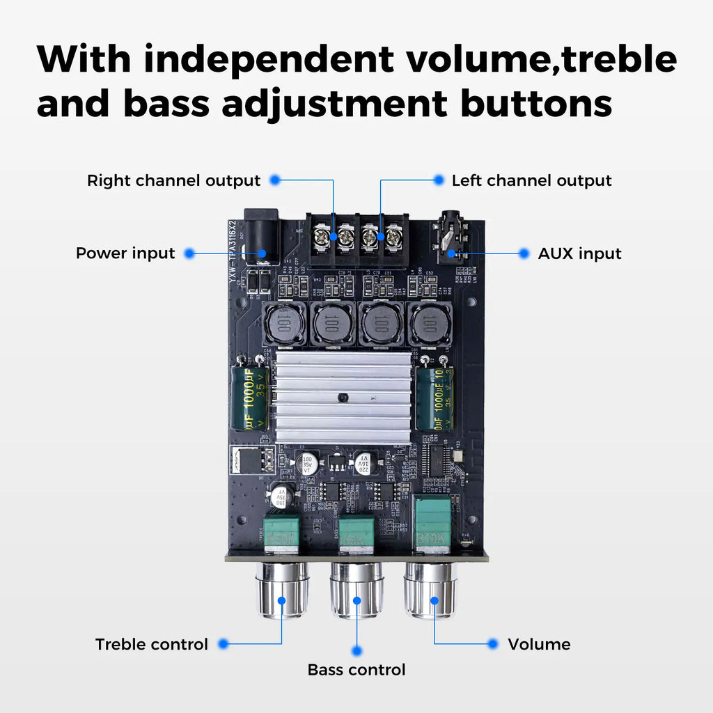 YX-1006T Bluetooth Amplifier Board 2.0CH 100W*2 Mini Audio AMP with Treble and Bass Control, BT and AUX Inputs, DC 12-24V Stereo AMP Module for Home Speakers,Miniamplifier