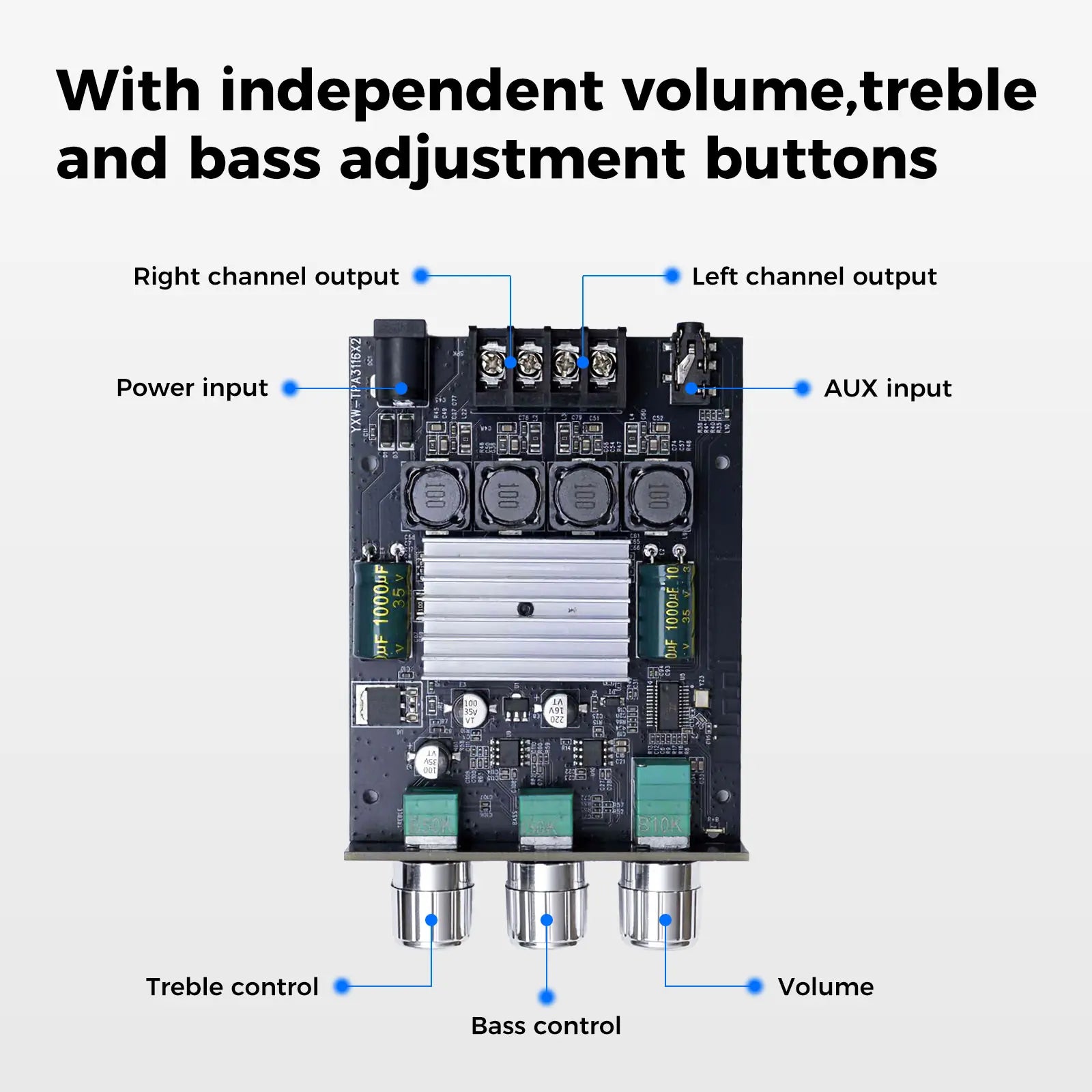 YX-1006T Bluetooth Amplifier Board 2.0CH 100W*2 Mini Audio AMP with Treble and Bass Control, BT and AUX Inputs, DC 12-24V Stereo AMP Module for Home Speakers,Miniamplifier