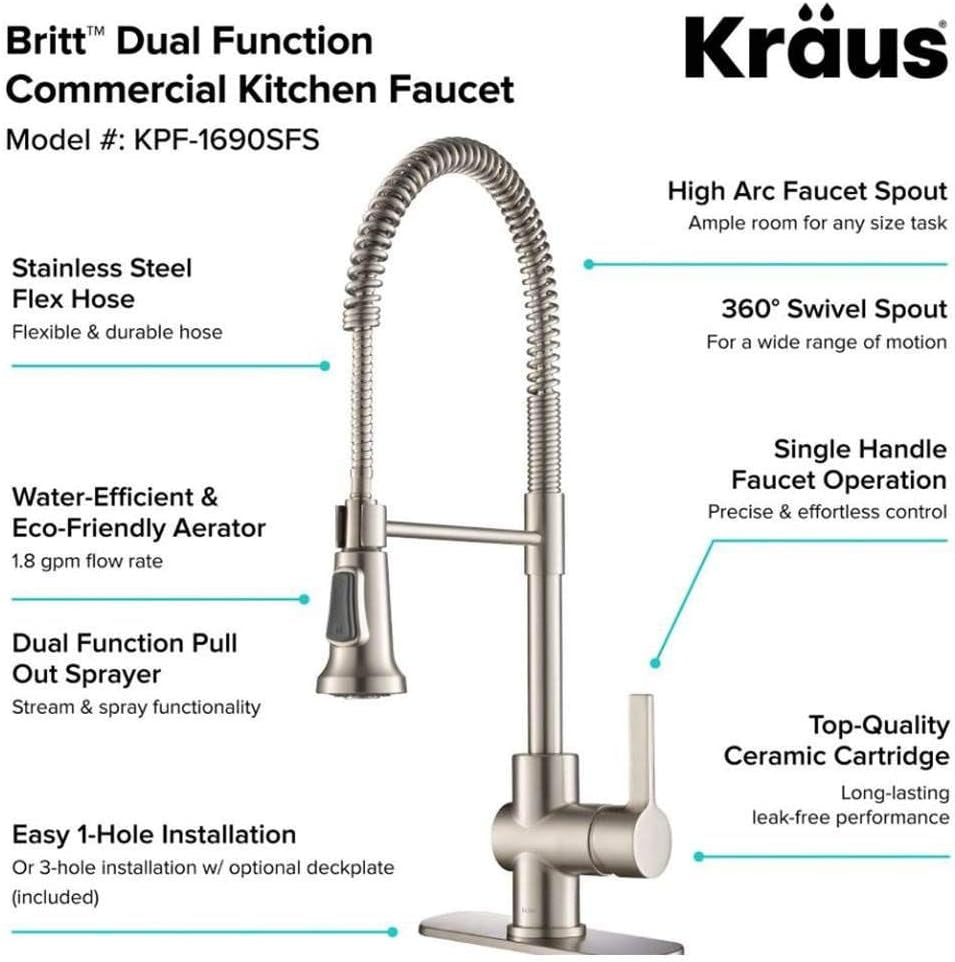 KRAUS Spot Free Stainless Steel Pre-Rinse Kitchen Faucet KPF-1690SFS | Heavy-Duty Open Coil Spring Spout, 3-Function with Pause Button, Docking Arm with Holder, Optional Deck Plate Included