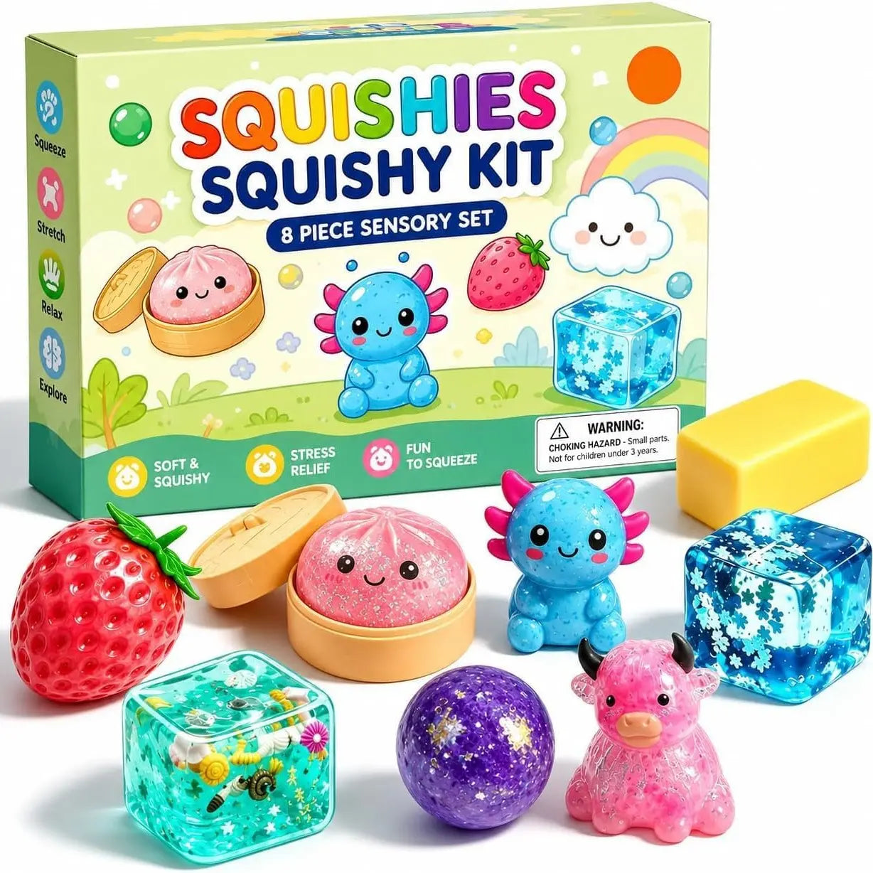 8 Pcs Dumpling Mystery Box Stress Relief Toys Set – Soft Squeezable Bun Pinch Toys for Adults Kids, Cute Desk Toy & Novelty Birthday Gifts