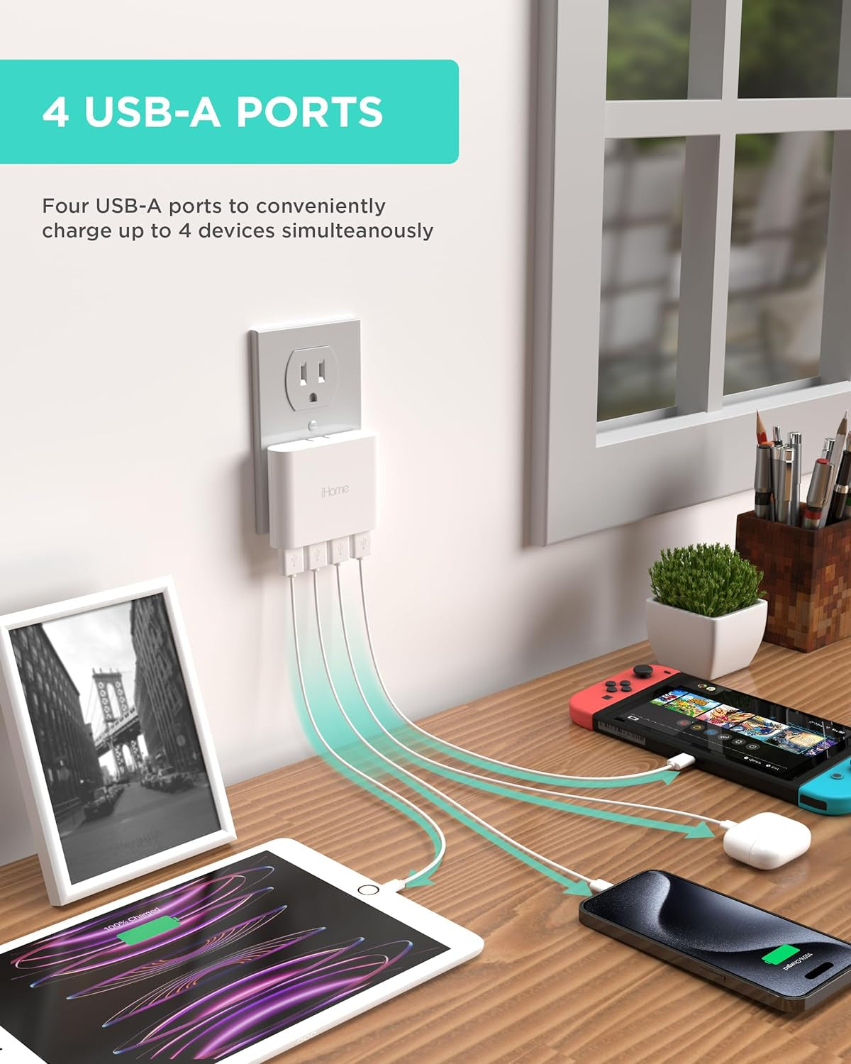 Slim 4-Port USB Wall Charger, Flat Multiport Travel Plug Adapter | Foldable Prongs, 2.4A Rapid Charge Port, Charges Iphone, Android, Ipad, Airpods, Travel-Friendly, Charging Block for Home Use