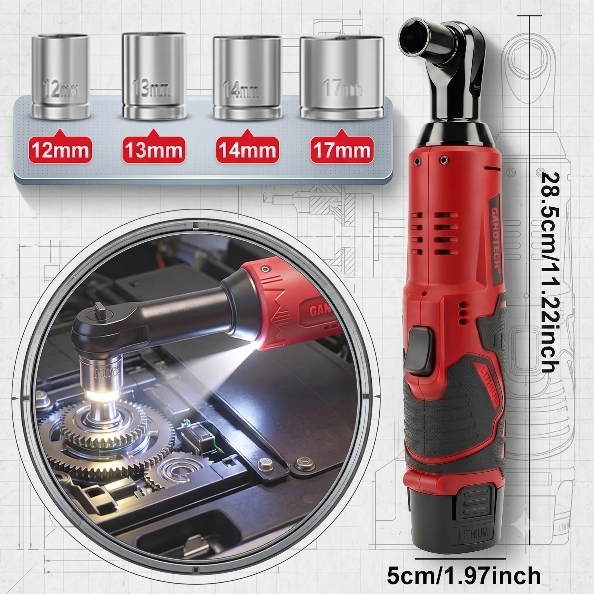 12V DC Cordless Right Angle Torque Wrench Tools Set - Professional Heavy Duty Electric Ratchet Socket Drive Wrench, 2 X 2000Mah Batteries, Built-In LED Lights, 240Rpm±10%, 0.69Kg, Over-Current Protection, 40N.M Auto Repair Power Tool, Cells