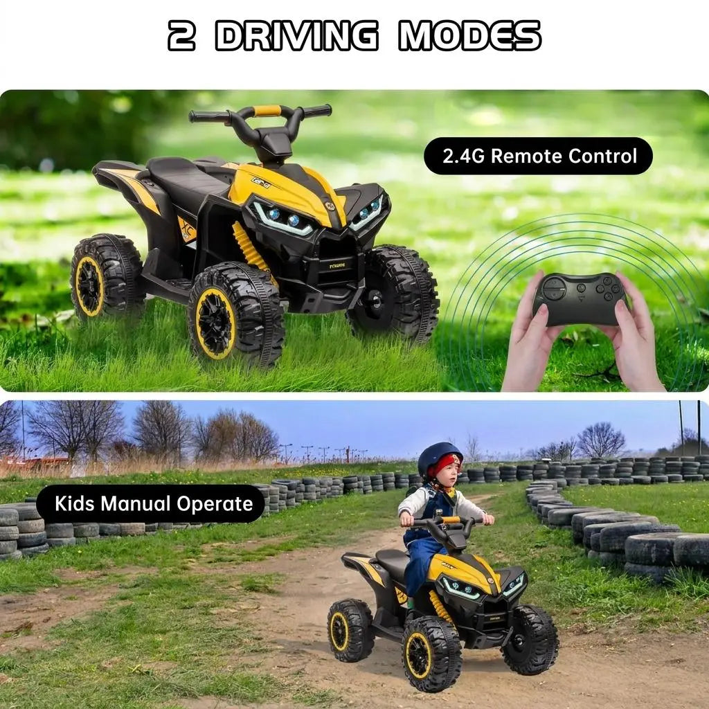 12V Kids Ride on ATV, Electric Battery-Powered Four-Wheeler with Music, Led Lights, Soft Start, USB Port, Treaded Tires, and Adjustable Speed Modes – Ideal for Boys and Girls,Yellow
