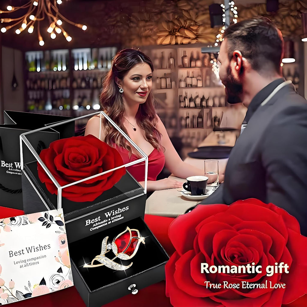 Preserved Red Rose Gift Box- Enchanted Real Roses with Ruby Brooch, Eternal Rose Flower in Jewelry Box, Handmade Rose,Forever Red Rose Gift for Her on Christmas Mother'S Day, Anniversary.